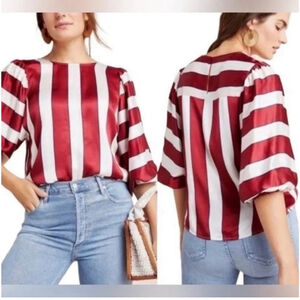 Anthropologie Maeve Maria Satin Blouse Red White Striped 0